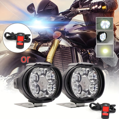 2 motorcycle lights with switch, LED motorbike lamp with 6 LEDs emitting 6500K white light and 1200LM brightness, plus 1 switch.