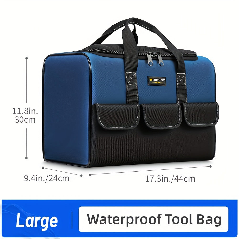 Durable tool bag with wide mouth for easy storage and organization, ideal for men, featuring inside pockets.