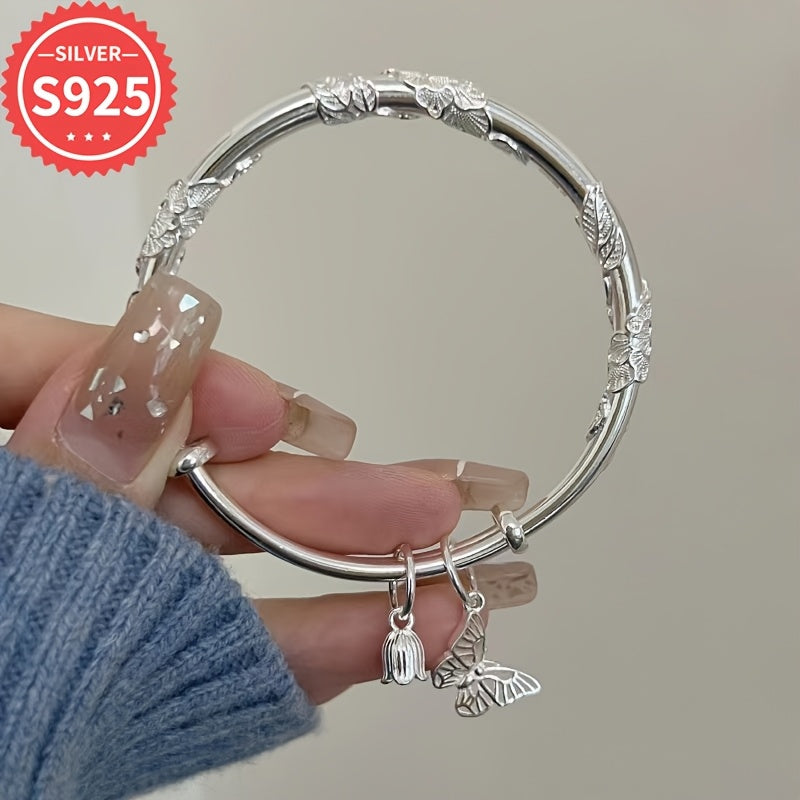 925 Sterling Silver Adjustable Bangle featuring a Chic Flower & Butterfly Pendant - Comes with Hypoallergenic, Anti-Tarnish Gift Box