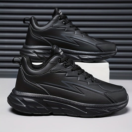 Men's black road running shoes with a casual sporty style, durable rubber sole, comfortable fabric lining, and low-top lace-up design. Suitable for all seasons, these athletic sneakers are