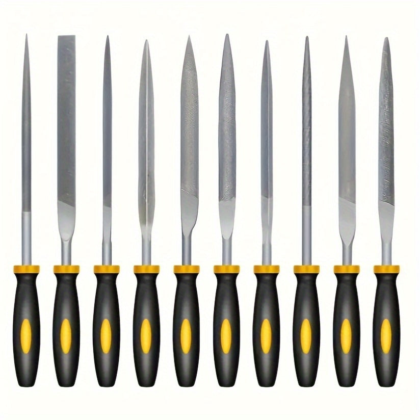 Set of 5 or 10 metal needle files made of hardened alloy steel, featuring various file shapes with durable plastic handles; no electricity or battery required.