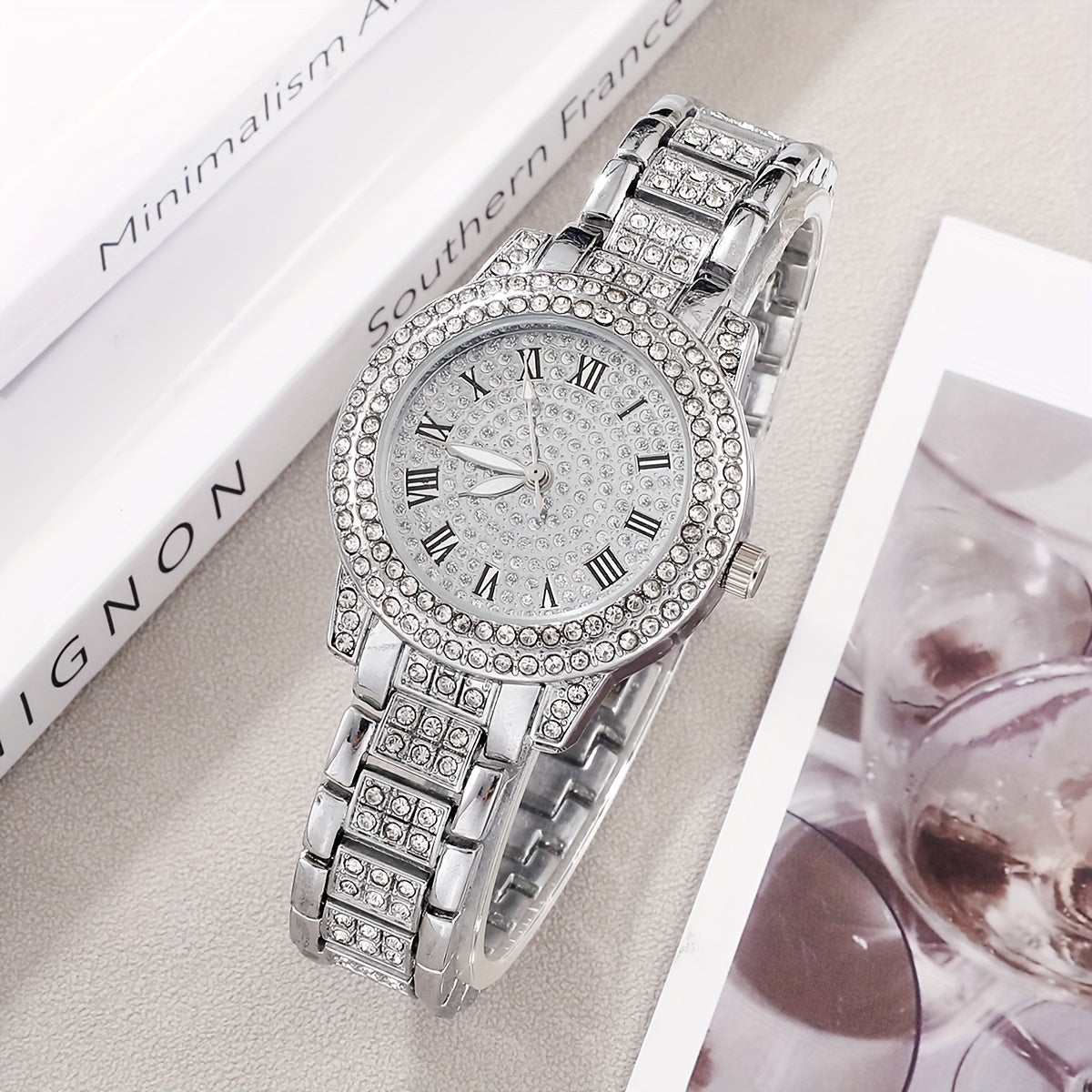 6pcs Elegant Women's Quartz Watch & Jewelry Set with Faux Diamonds - Bohemian Style, Alloy Roman Numerals Wristwatch with Crystal Accessories - Perfect Vintage Gift for Her