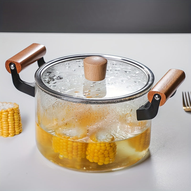 This soup pot with a lid and double wooden handle is perfect for cooking a variety of dishes. Made of safe glass, this household kitchen glass cooker is ideal for making pasta, noodles, soup, juice, and milk. Complete your kitchen supplies with this