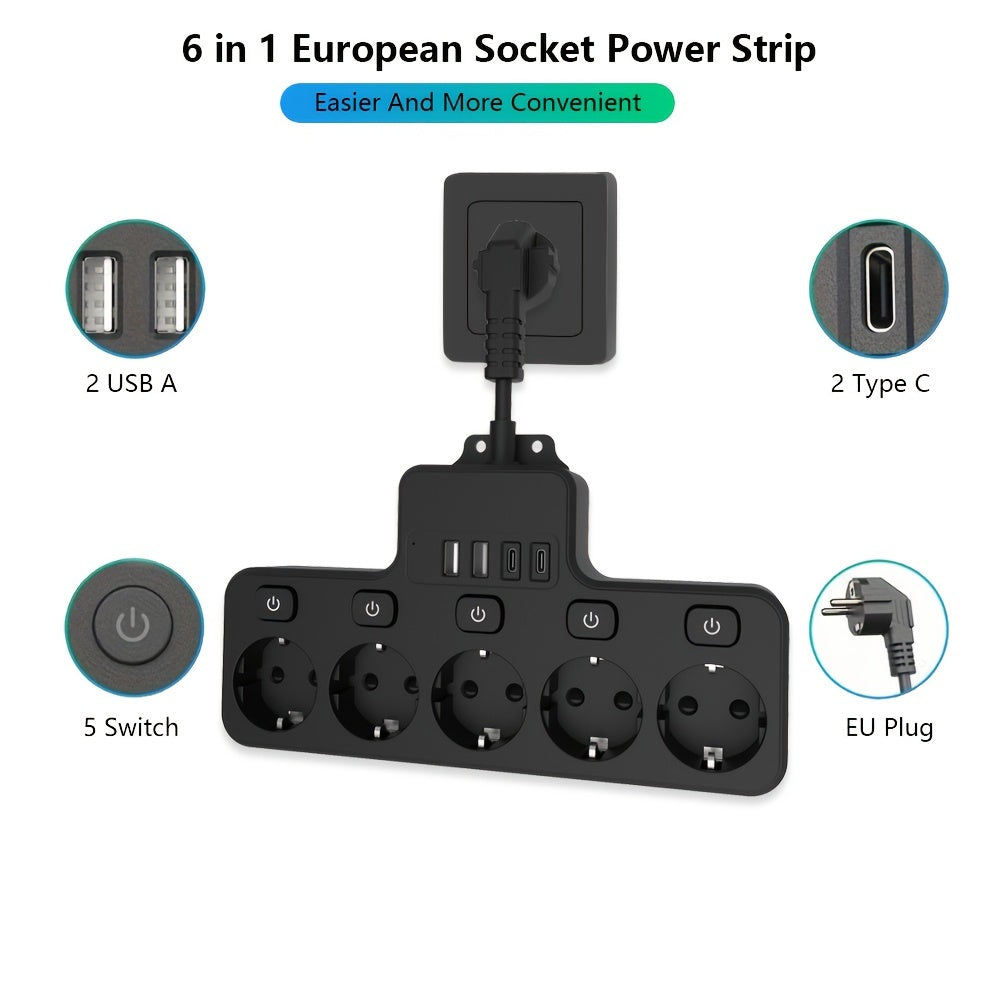 European Style Power Socket with Switch, USB Charger, and Fireproof Design for Multiple Rooms.