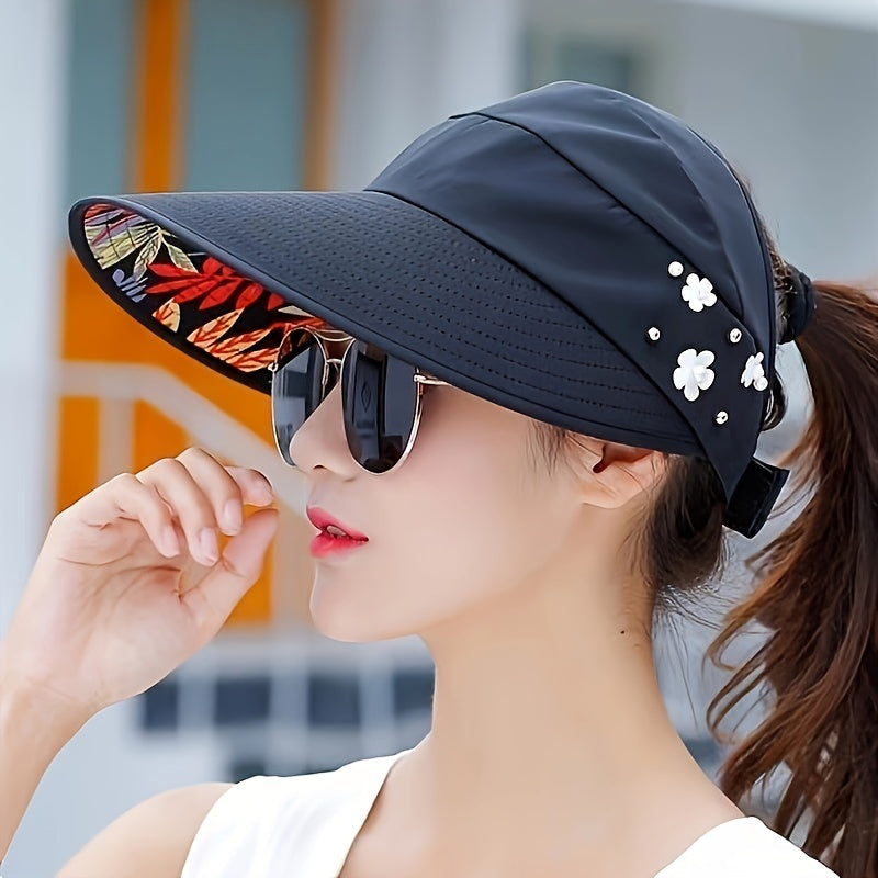 Korean-style women's sun hat with UV protection, foldable, breathable polyester visor for outdoor activities and beach.