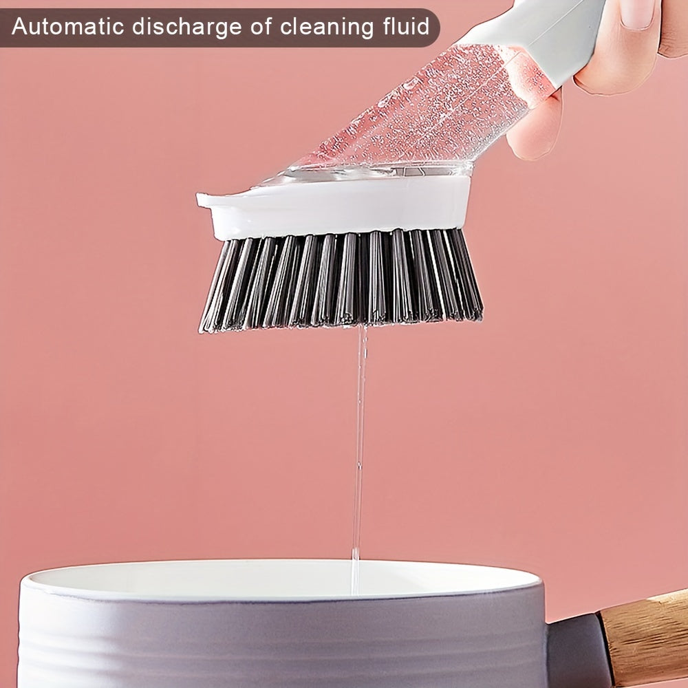 Kitchen Cleaning Brush Set with Soap Dispenser includes three multifunctional brushes. The long handle and removable sponge make it perfect for cleaning dishes and more. The durable nylon bristles ensure a thorough clean while the space-saving design