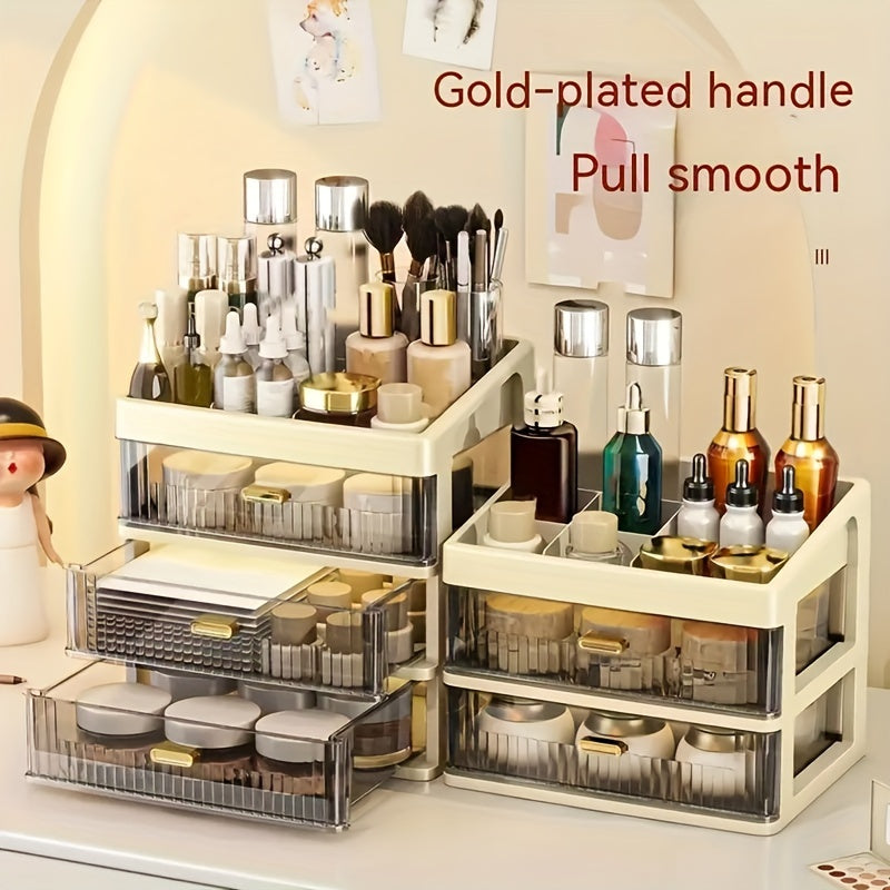 Large makeup organizer with drawer for vanity, dresser, bathroom, and countertop storing cosmetics, perfume, skincare, and toiletries.