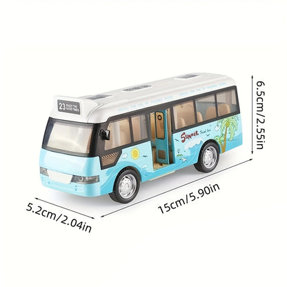 Friction-powered school bus toy with realistic sounds and flashing lights, perfect gift for youngsters. Sky blue/pink, diecast plastic.