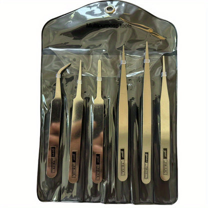 6pcs stainless steel tweezers for DIY, succulent care, and home use with precision straight and curved tips.