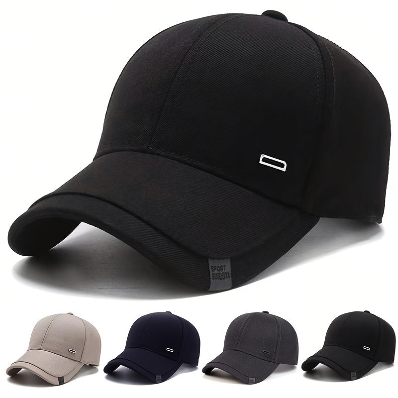 Men's casual geometric-pattern baseball cap with square silvery buckle, 100% polyester lightweight adjustable hat for spring/autumn travel and beach parties.