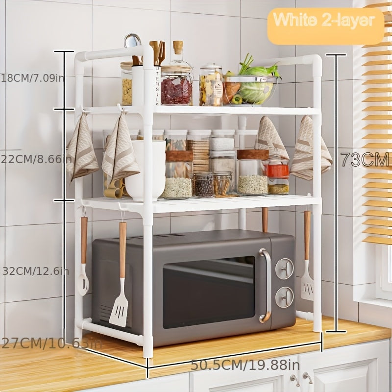 Get organized with our 1pc Kitchen Organizer Rack! This open-storage metal rack features handles and hooks, making it perfect for storing kitchen essentials. Use it as a multipurpose microwave stand, oven and toaster shelf. Made with durable plastic and