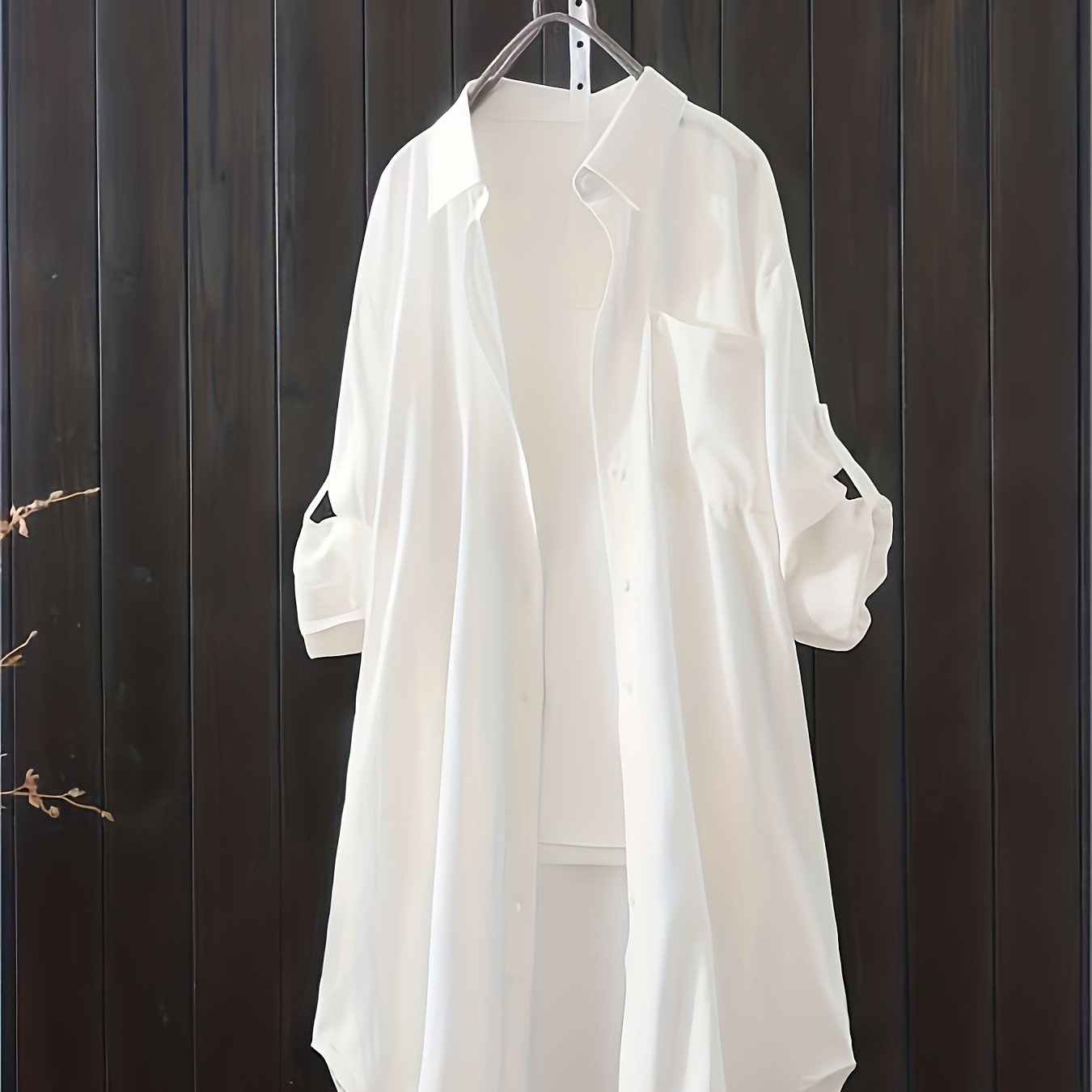 Casual oversized midi shirt with lapel collar and button detail, made of 95% polyester and 5% spandex blend. Non-stretch woven fabric, suitable for all seasons. Plus size available.