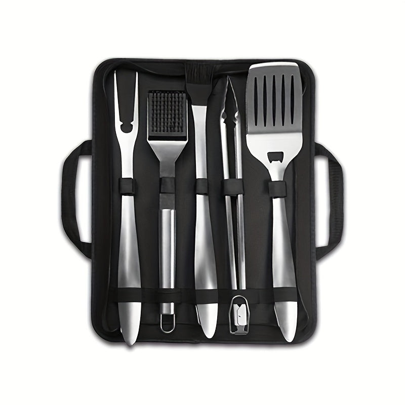 Set of 6 Stainless Steel BBQ Grill Tools - Spatula, Forks, Brush, and Tongs Included for Outdoor Picnics and Camping