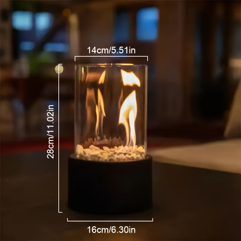 Enjoy the cozy ambience of a 1pc Portable Tabletop Fireplace. This smoke-free alcohol fire pit features sleek glass and metal design, complete with a stainless steel chimney, combustion chamber, and all necessary accessories. Perfect for both indoor and