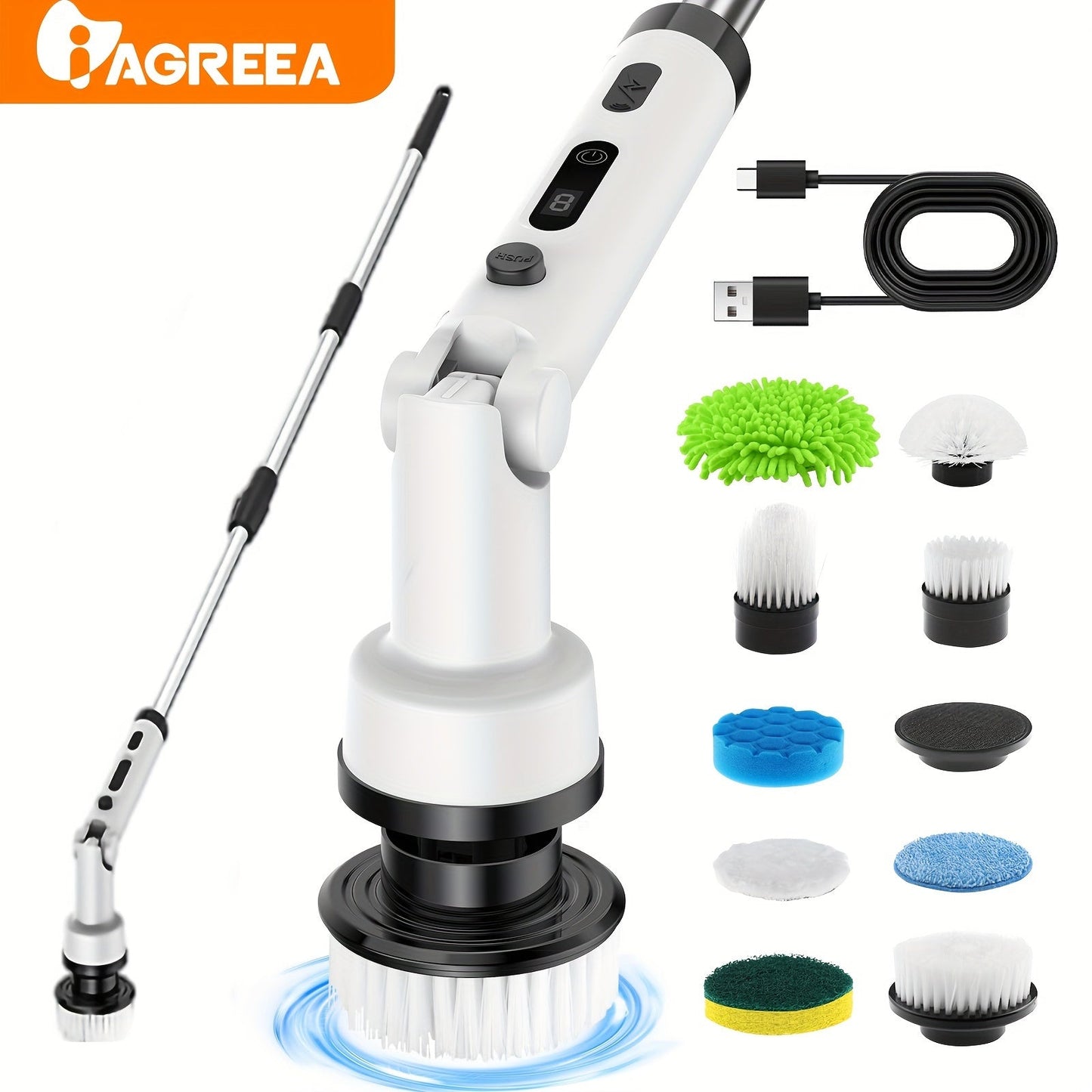 IAGREEA Electric Spin Scrubber features 9 brush heads, a flexible extendable handle, and USB charging for cordless cleaning of bathrooms, kitchens, and floors. With medium firmness and a rechargeable lithium battery, this multipurpose home cleaning tool