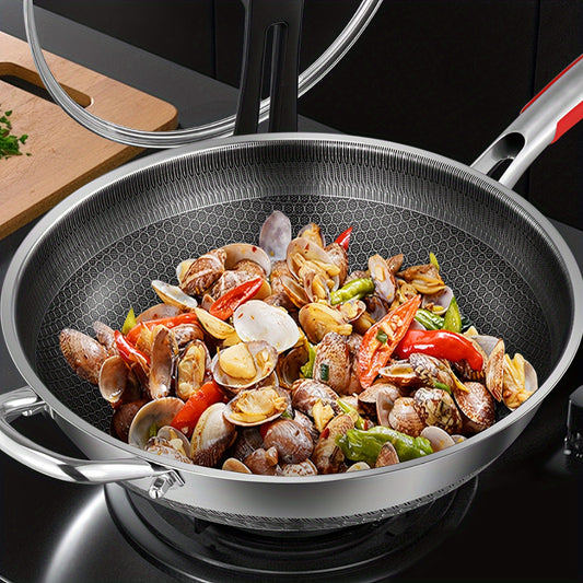 Get your hands on the versatile stainless steel wok that comes with a glass lid. This non-stick wok features a honeycomb design that ensures perfect frying and cooking every time. It is compatible with both induction and gas stoves, making it a