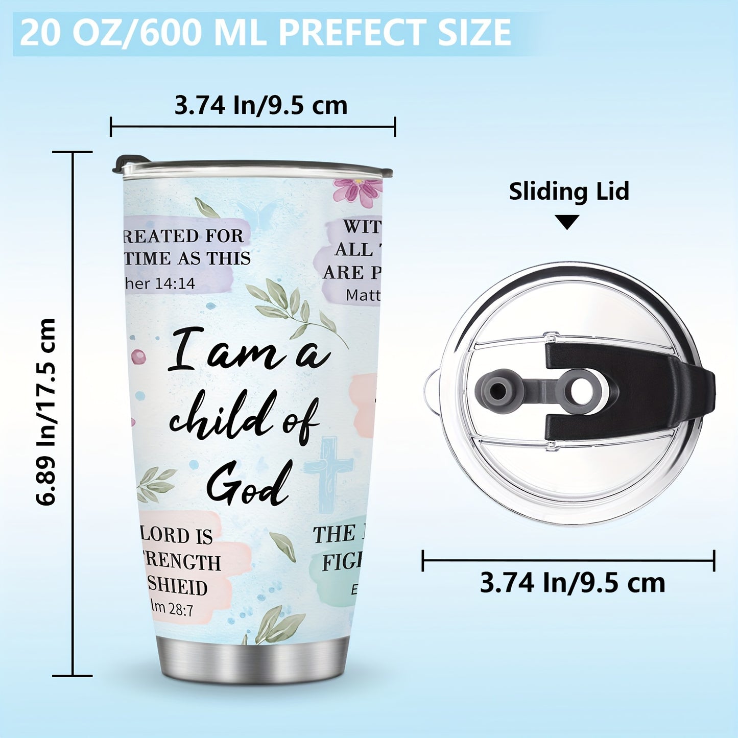 20oz Stainless Steel Tumbler with Bible Verses - Leak-Proof Travel Mug for Women, Men - Perfect Gift for Holidays - Motivational Drinkware