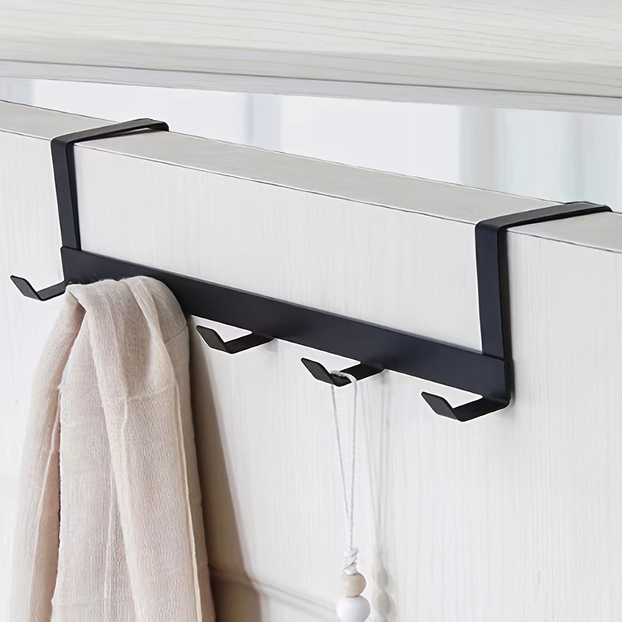 Black Metal Over-the-Door 5-Hook Rack - Sturdy, Mark-free Hanger for Coats, Robes, Hats, Towels - Easy Installation, Ideal for Bathroom & Bedroom Organization, Convenient Towel Holder.