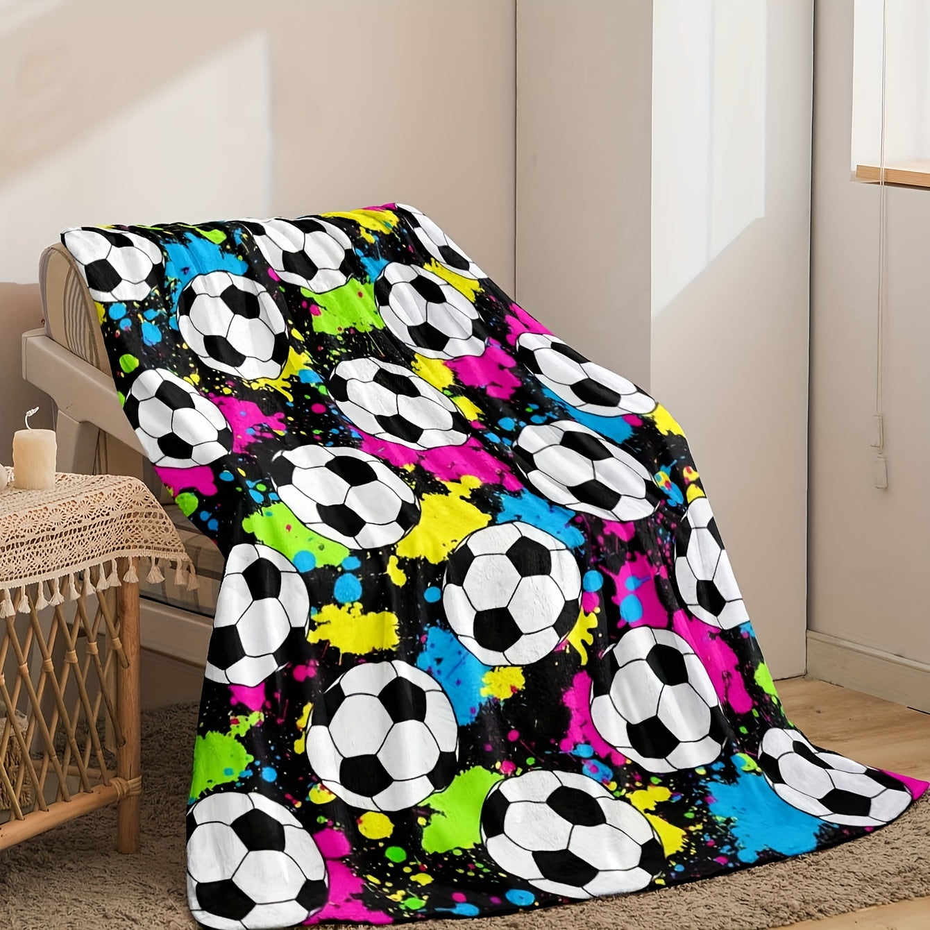 Contemporary Style Reversible Flannel Fleece Blanket with Soccer Ball Digital Print - Perfect for All Seasons, Bed and Sofa Use - Made of Durable Machine Washable Polyester - Ideal for Multi-Purpose Use