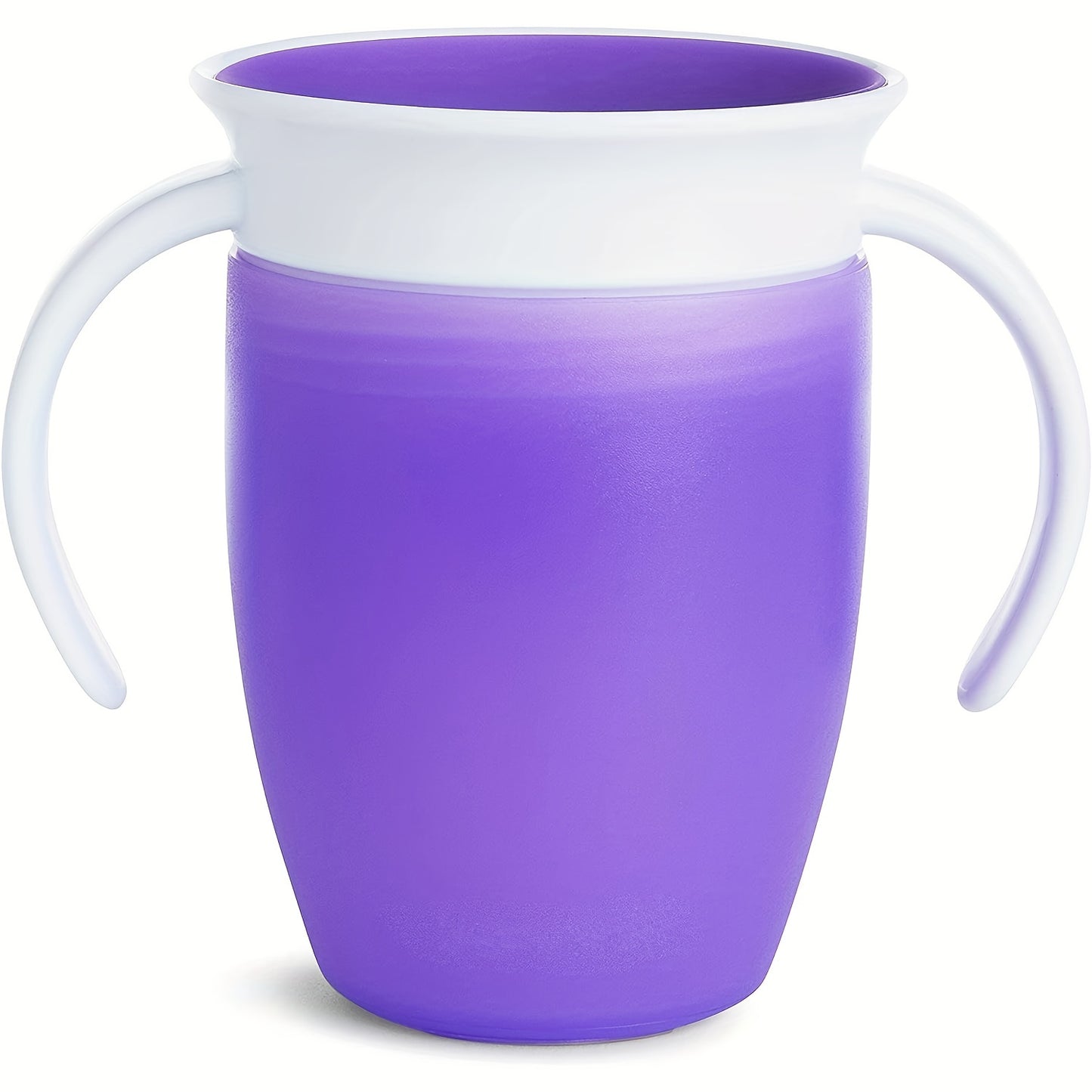 Pink and white leak-proof training cup with easy-grip handles for young children. Made of durable, lightweight silicone and is handwash recommended.