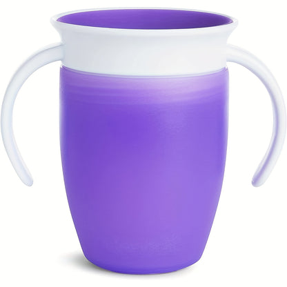 Pink and white leak-proof training cup with easy-grip handles for young children. Made of durable, lightweight silicone and is handwash recommended.