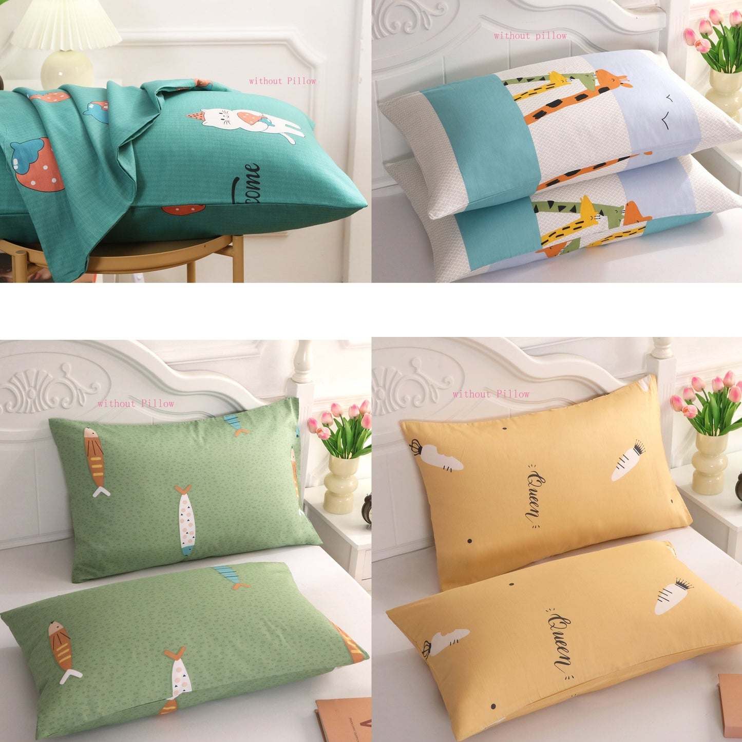 Set of 2 Soft 100% Cotton Pillowcases featuring Cute Cartoon & Nature-Inspired Designs - Breathable, High-Quality Envelope Pillow Covers for Bedroom and Sofa Decor, Easy to Clean in Washing Machine (Pillow Inserts Sold Separately), Perfect for Couch