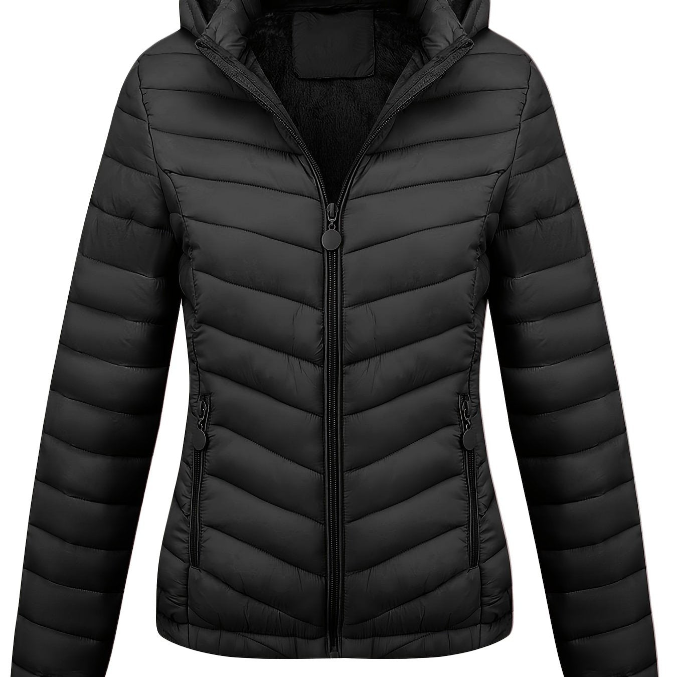 Zip-up Puffy Coat with Slant Pockets for Fall & Winter, Women's Clothing