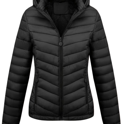 Zip-up Puffy Coat with Slant Pockets for Fall & Winter, Women's Clothing