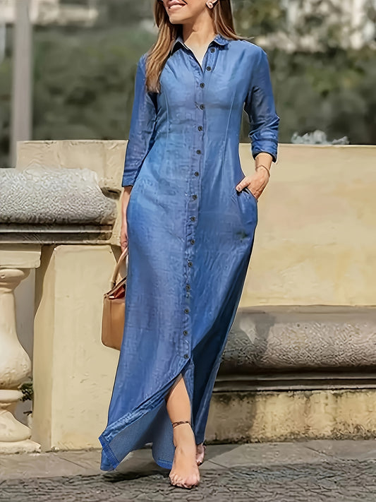 Elegant solid color long sleeve dress for women made of 100% polyester in a tent silhouette. Features a lapel collar with button detail, suitable for spring/fall season. Made of woven