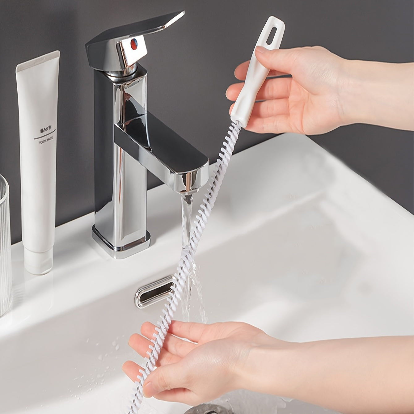 Flexible Metal Brush Drain Clog Remover Tool - Perfect for Unclogging Kitchen & Bathroom Sink Drains, Removes Hair and Debris with Ease, No Power Required, Features White Handle