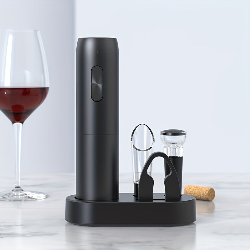 Electric wine bottle opener set includes: automatic opener, spiral cork drill, vacuum fresh-keeping cork, pourer, and storage set. Dimensions: 8.38cm X 20.57cm.