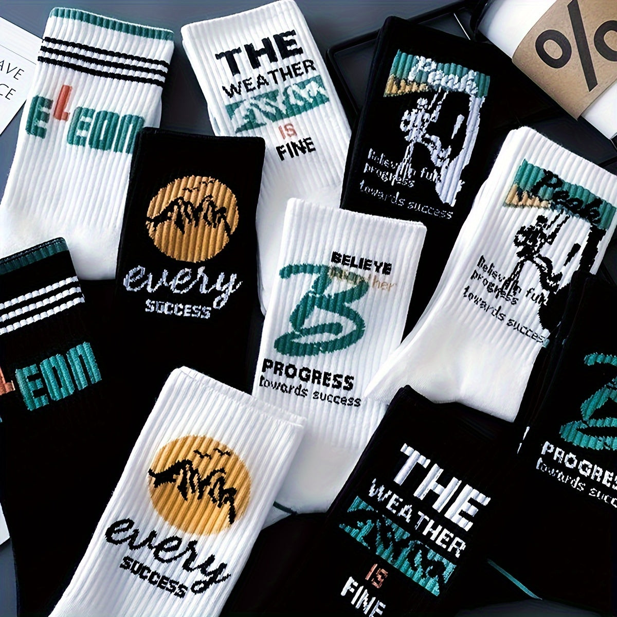 5/10 pairs of men's trendy crew socks with graffiti letter patterns, suitable for outdoor wear.