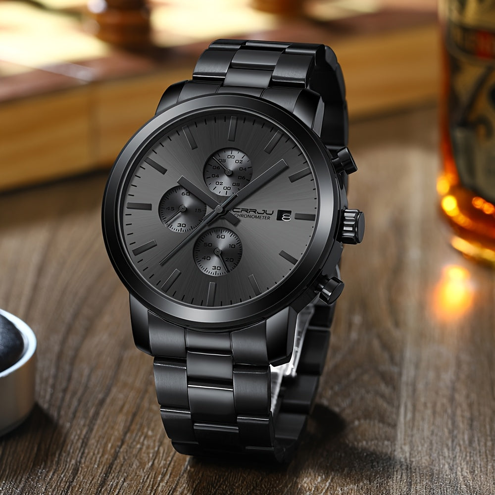 CRRJU Luxury Men's Stainless Steel Quartz Chronograph Watch with Business Style Analog Display.