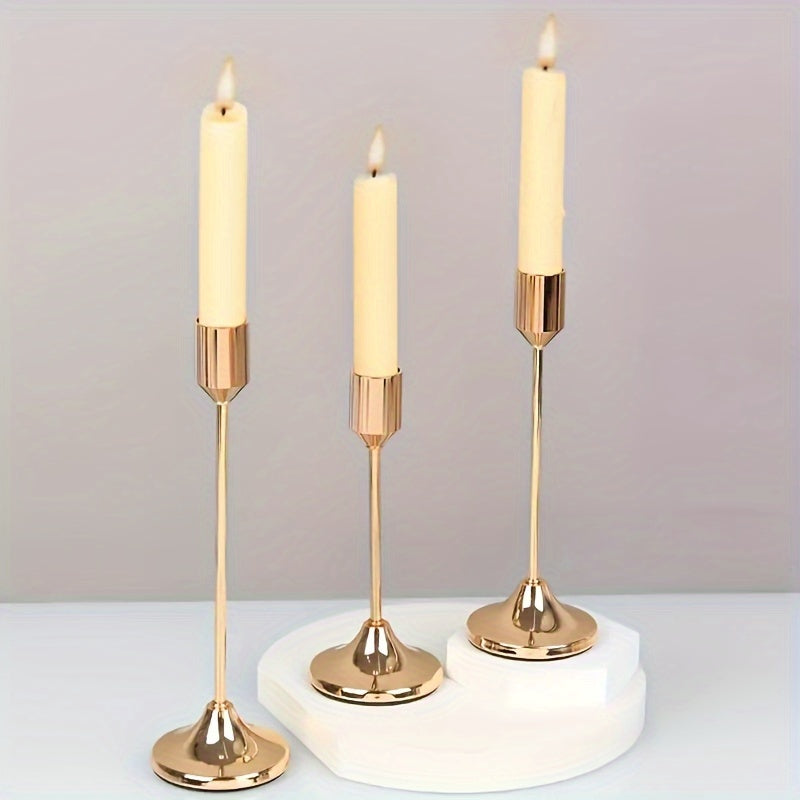 Set of 3 elegant metal candle holders in golden and rose golden finish, perfect for various festive occasions. Durable, easy to assemble, ideal for home and hotel decor. (Candles not included).