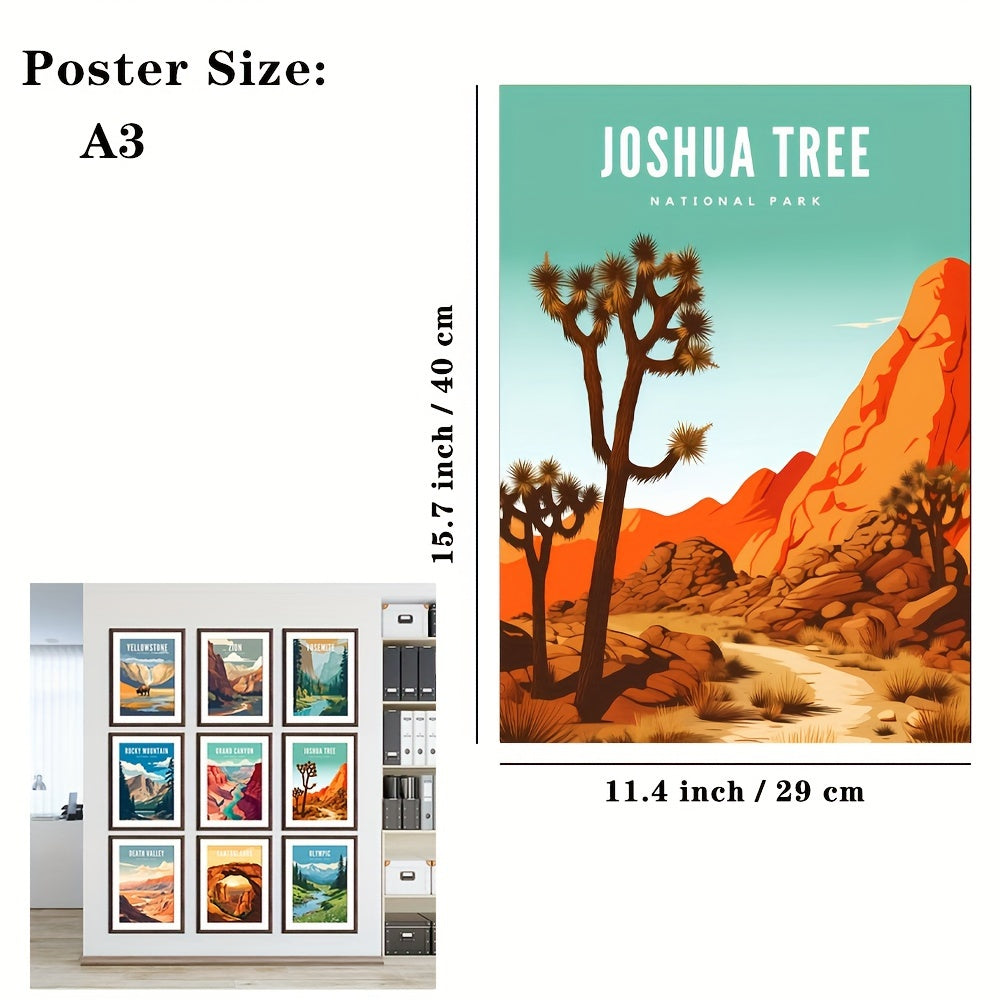 Set of 9 Large Size Modern Art Design Illustration Style Posters featuring Famous National Parks Landscapes. Frames not included. Perfect Gifts for Room Decor, Living Room, and Bedroom. Available in A3, A4, and A5 sizes.