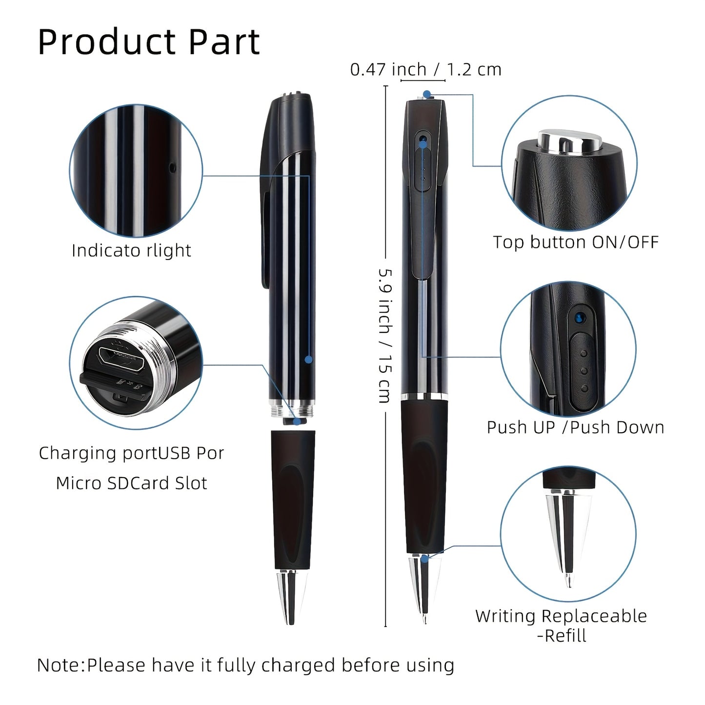 1pc 1080P HD Mini Nanny Camera Pen with 64GB rechargeable lithium battery, touch control, and one button loop recording. Suitable for indoor use in office meetings.