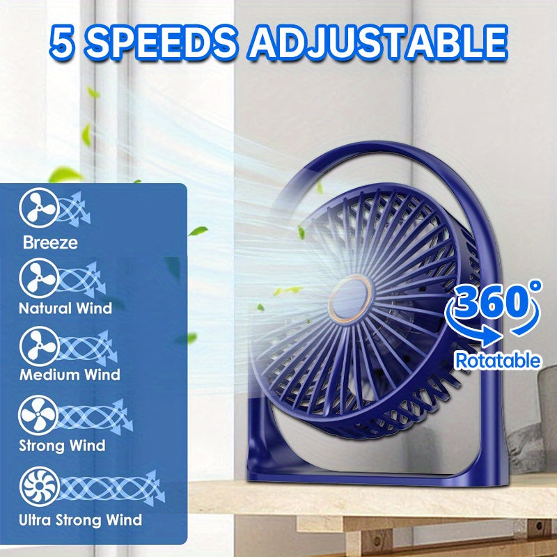 The Portable LED Display Fan features a 6-inch transparent blade with backlighting, designed to be clipped on or used with the stand. It is USB rechargeable with a 1200mAh lithium battery and operates quietly, making it perfect for use in offices