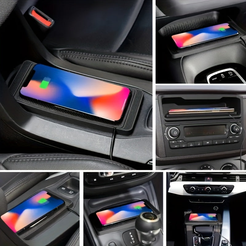 Rubber wireless car charger with 15w quick charging and anti-slip pad for mobile phones in car storage compartment.