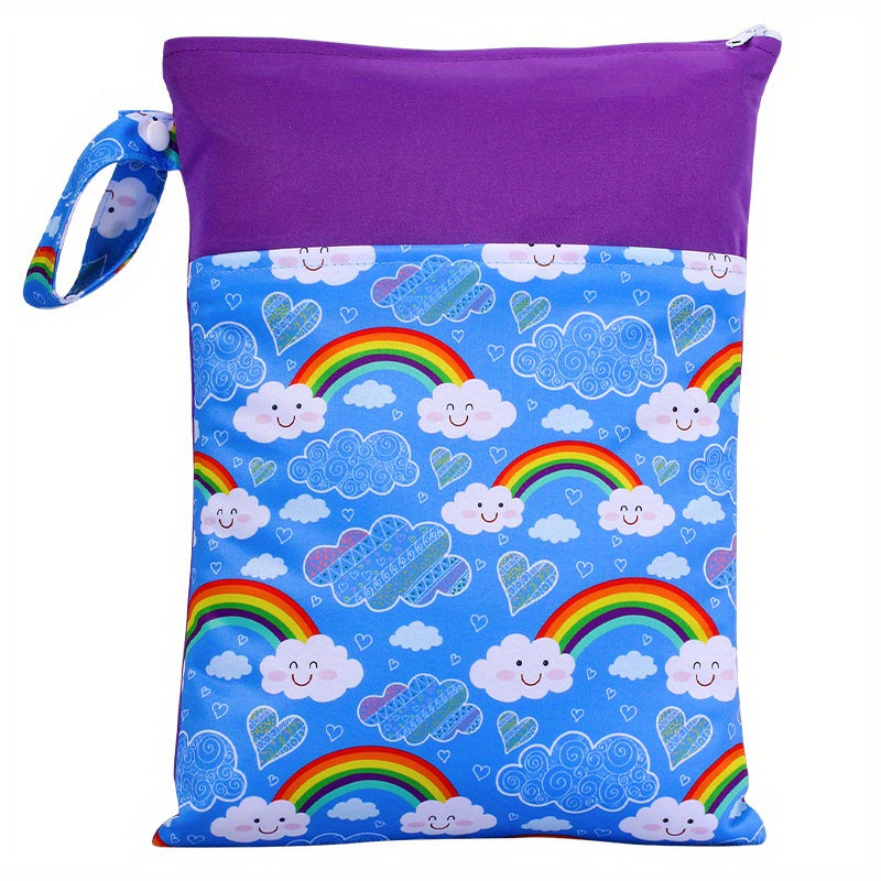 Waterproof multicolor reusable nappies bag with dimensions of 24.99*35.0cm. This wet dry mammy bag features a double pocket, cloth handle, and is a wetbag.