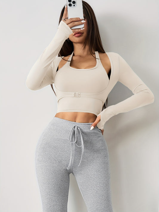 Women's long sleeve yoga top with built-in bra, seamless sports crop top for fall and winter seasons.