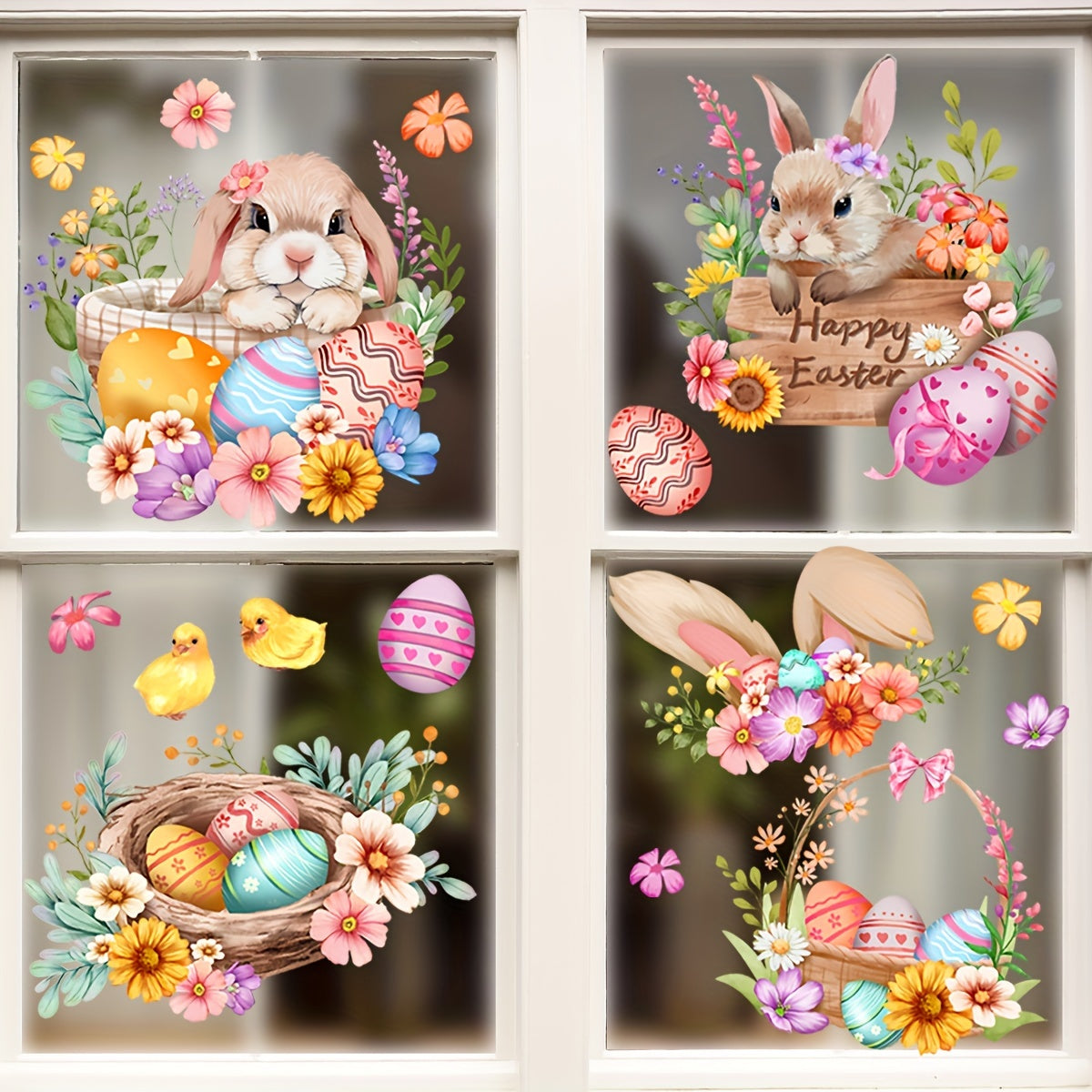 DJ8019-NH Easter Bunny and Eggs Window Clings feature a contemporary style design made of PVC static cling material. These decals are reusable and have a double-sided print. They are 5mil thick and come in an irregular shape, measuring 30x60cm. Perfect