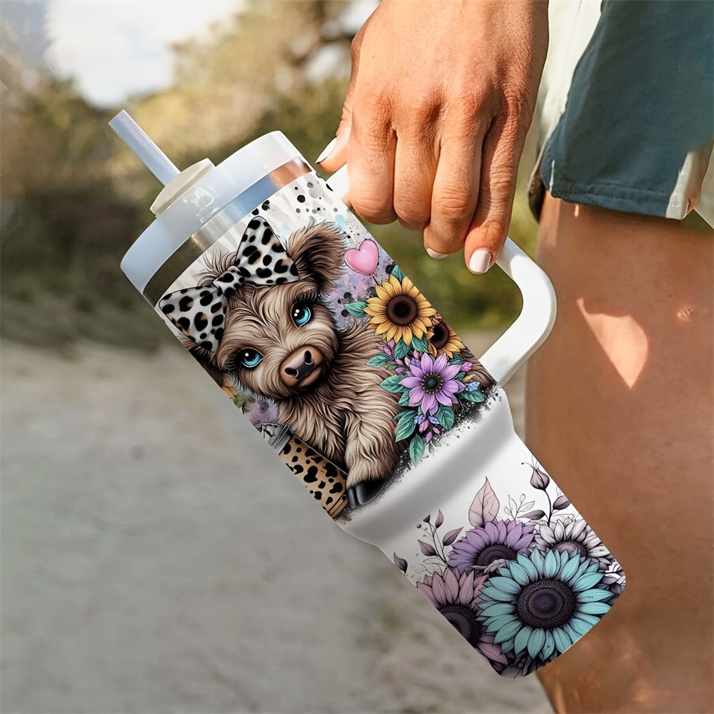 Stainless steel tumbler with handle and straw, featuring Highland Cow and Sunflower design, ideal for coffee, milk, and beer. Great Christmas gift for loved ones. Festive and durable beverage container.