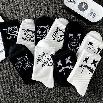 Men's trendy graffiti crew socks, 3/5/8/10 pairs, breathable and comfy for outdoor wear