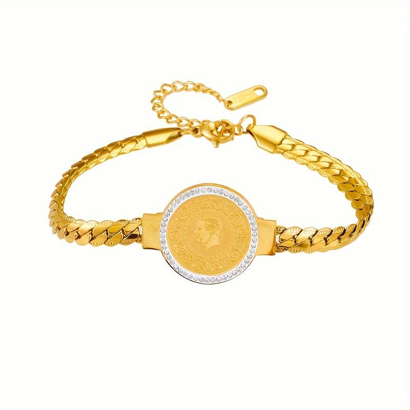 [Customer Favorite] Stylish Coin Bracelet in Golden-Tone Stainless Steel with Sparkling Rhinestone Details - Perfect Addition to Your Party and Banquet Outfits