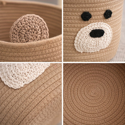 Oyhomo brown bear storage basket suitable for toys and gifts, 23.11x19.05 cm, woven rope design, ideal for stuffed animal storage.