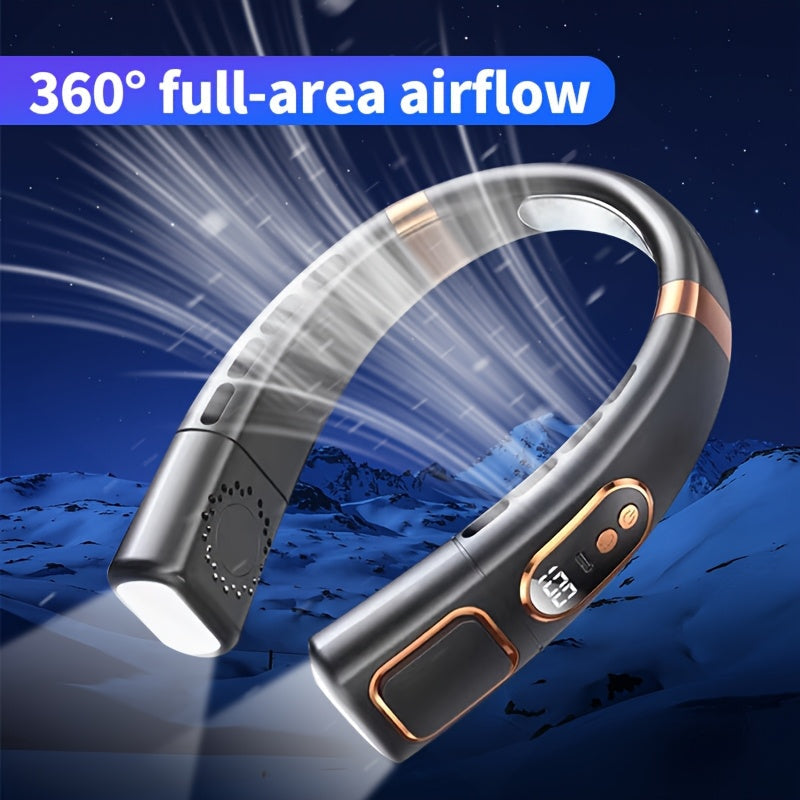 Stay cool and comfortable on-the-go with the JKUOO Portable Neck Fan. This bladeless fan is rechargeable and features dual wheels, an LED display, neck support, and hands-free wear for outdoor sports and travel. Perfect for personal use, this fan is a