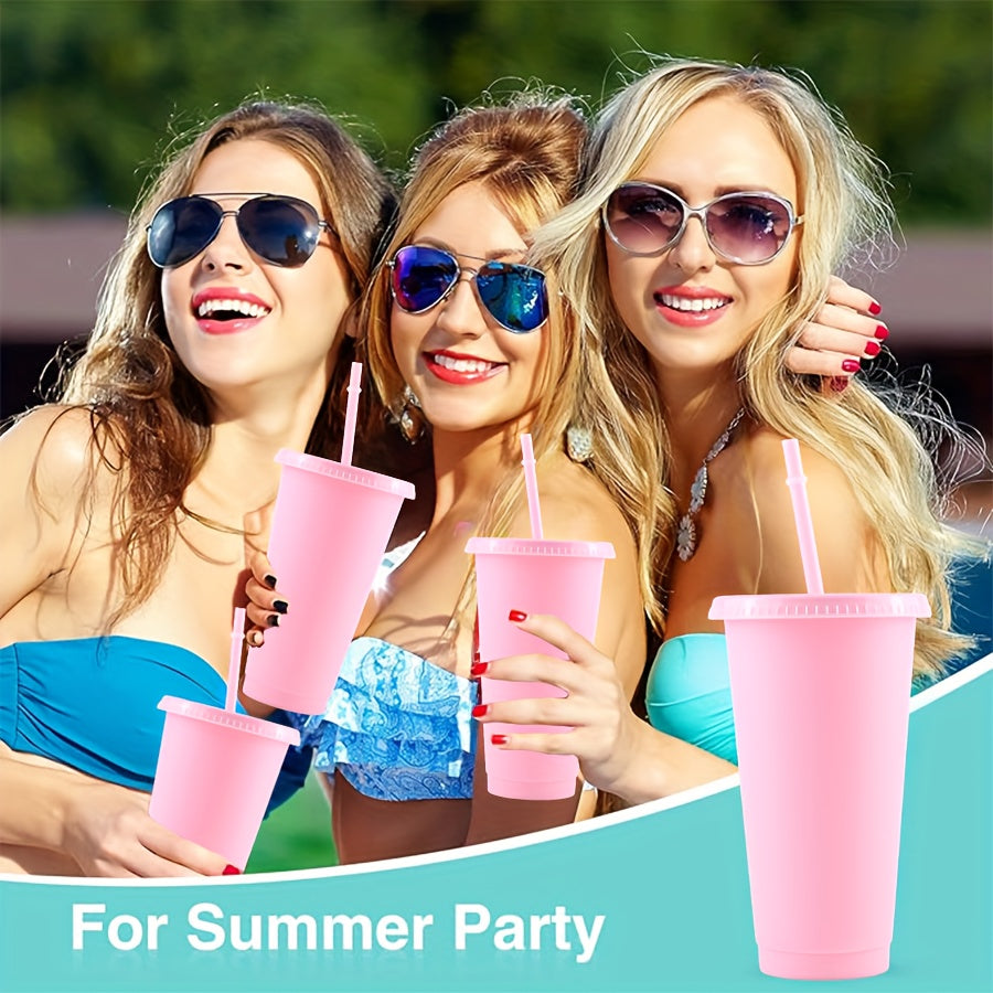 5/10 Pink plastic tumblers with lids and straws, 24oz, ideal for summer parties and poolside use. Hand wash only, PVC free. Great for gifts and decorations.