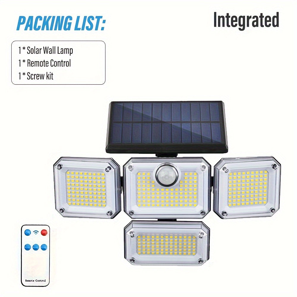 Solar-powered outdoor light with 333 LEDs, motion sensor, remote control for 3 modes, and 4-head design for patio, garage, porch, yard.