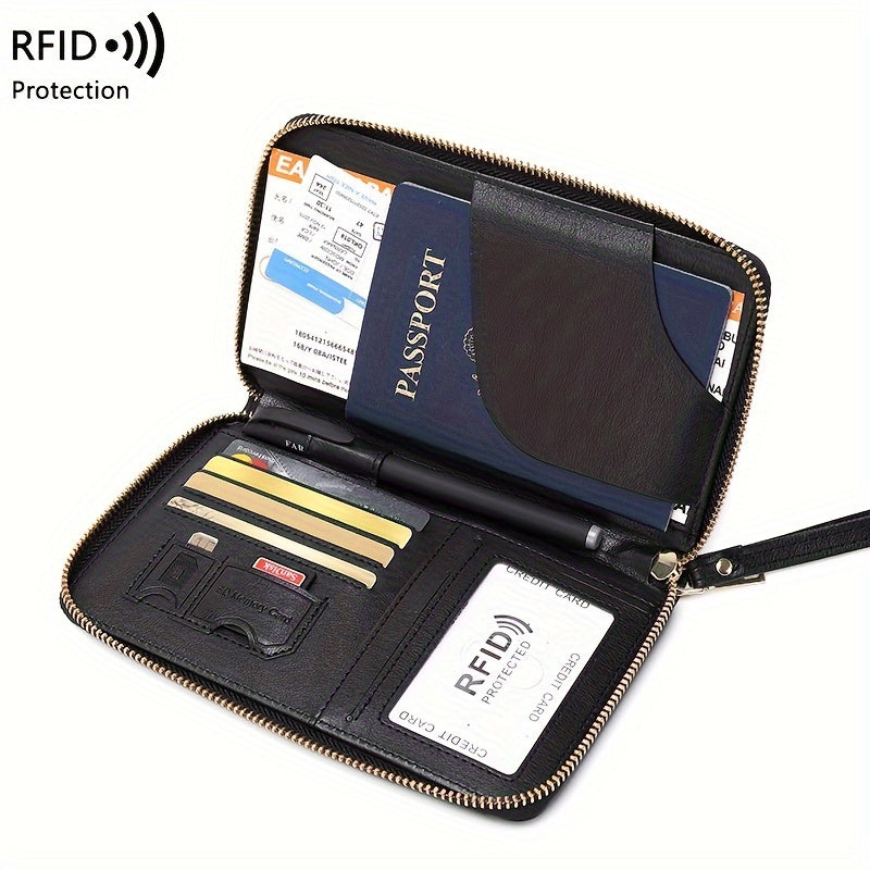 Brown PU travel wallet with RFID blocking for passports, cards, tickets, and IDs. Zipper closure and wrist strap, compact design with multiple compartments for secure organization.