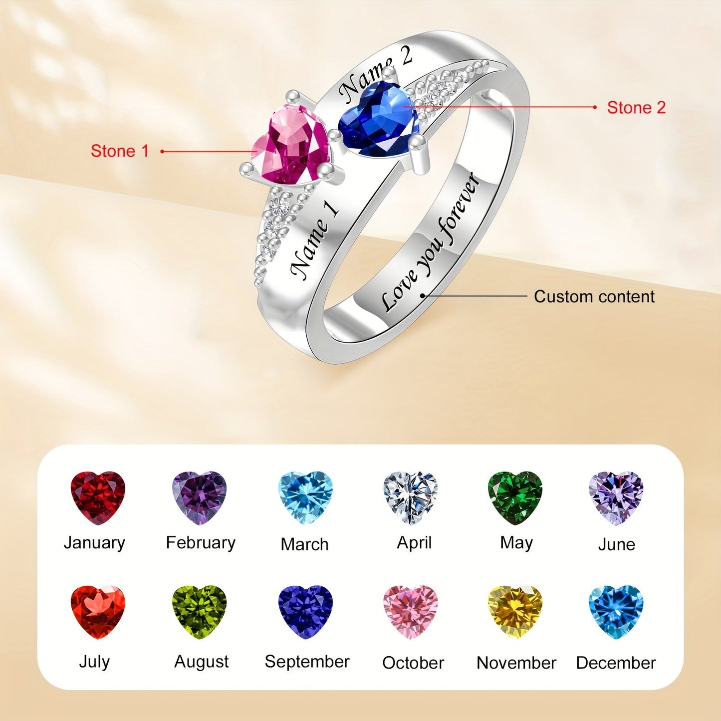 Elegantly personalized ladies' ring with custom name engraving and birthstone option. Made of silver plated copper and synthetic zirconia, this versatile piece is perfect for both daily wear and special occasions. An ideal gift for Thanksgiving